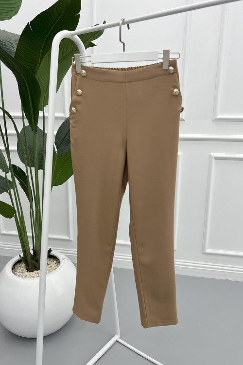 Side Button Fabric Trousers Milky Coffee