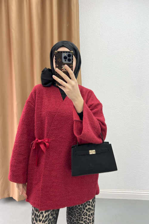 Side Ribbon Boucle Kimono Claret Red