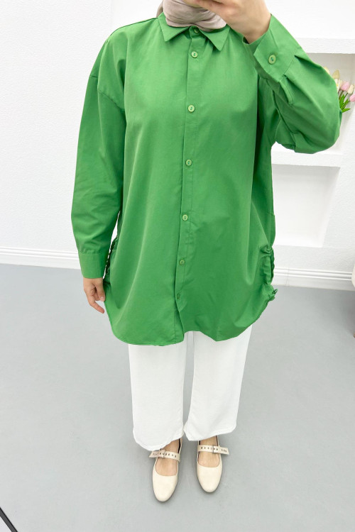 Side Slit Gathered Shirt Green