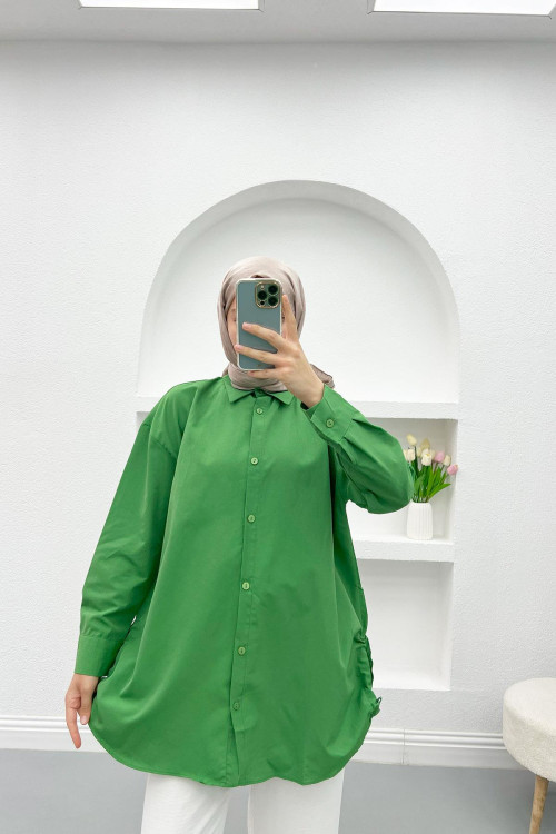 Side Slit Gathered Shirt Green