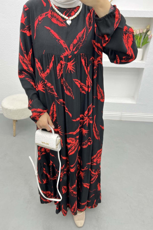 Leaf Patterned Dress Red