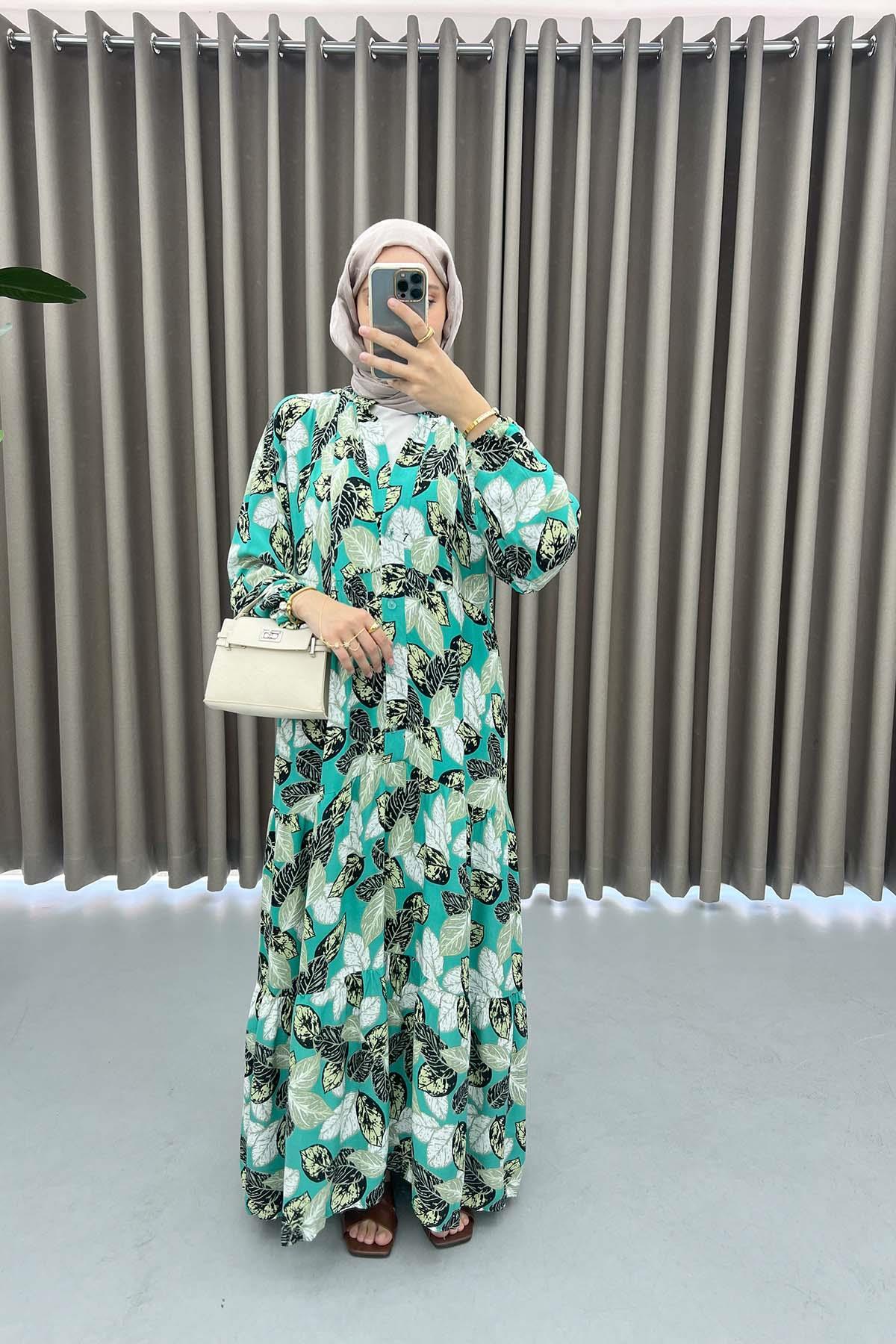 Leaf Patterned Dress Green