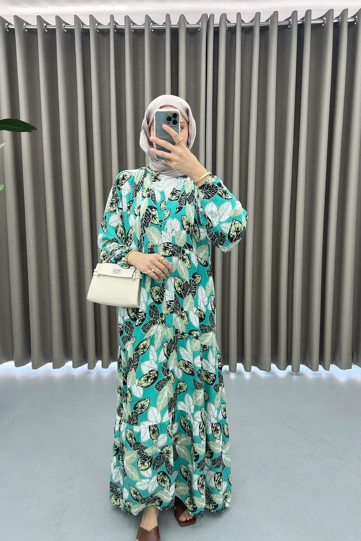 Leaf Patterned Dress Green