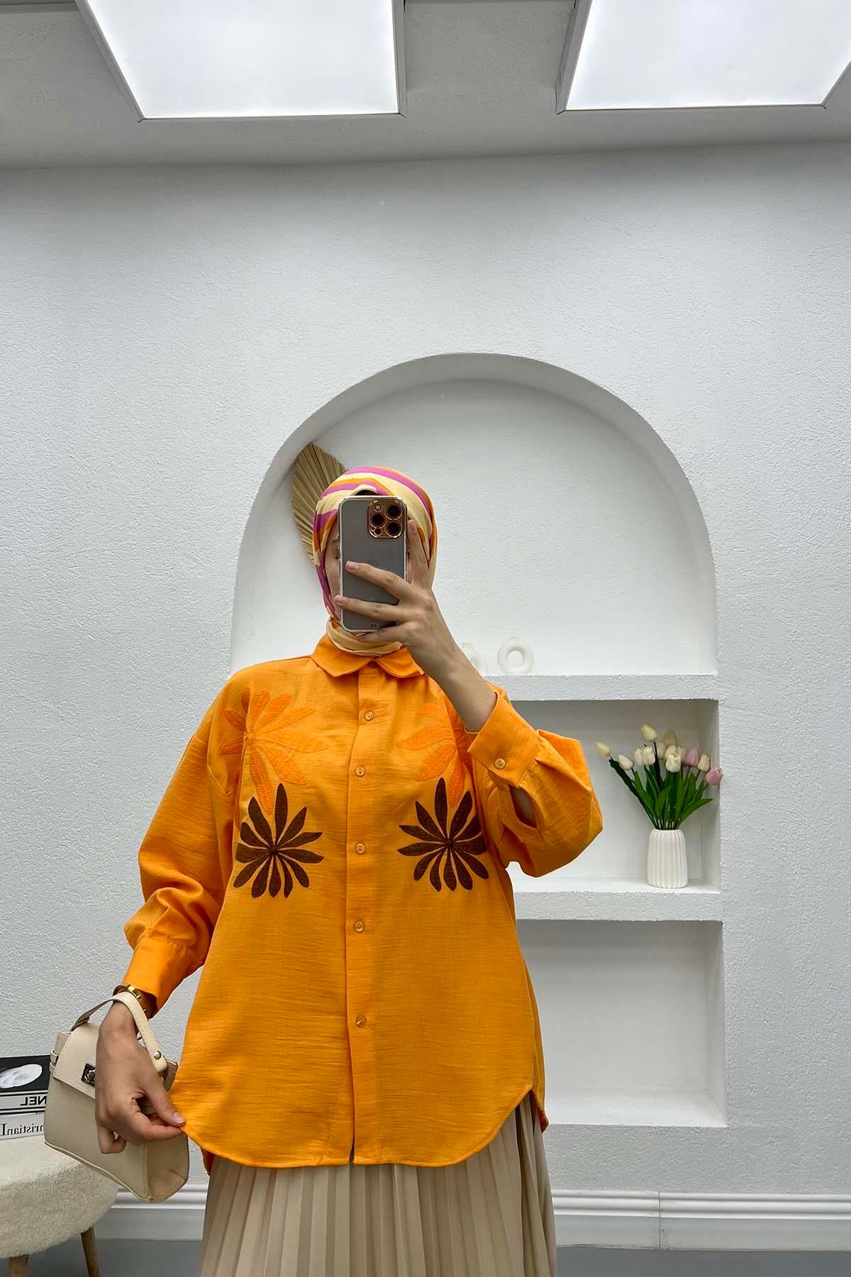 Leaf Embroidered Oversize Shirt Orange