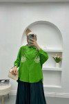 Leaf Embroidered Oversize Shirt Green