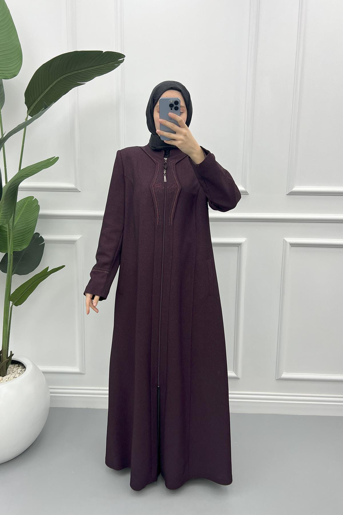 Leaf Embroidered Abaya Plum