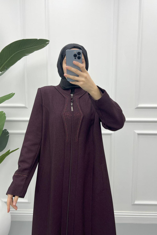 Leaf Embroidered Abaya Plum