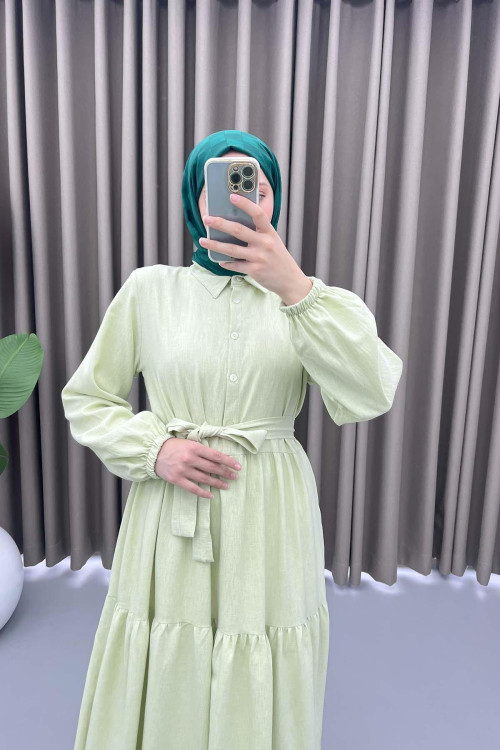 Half Buttoned Tie Dress Pistachio Green