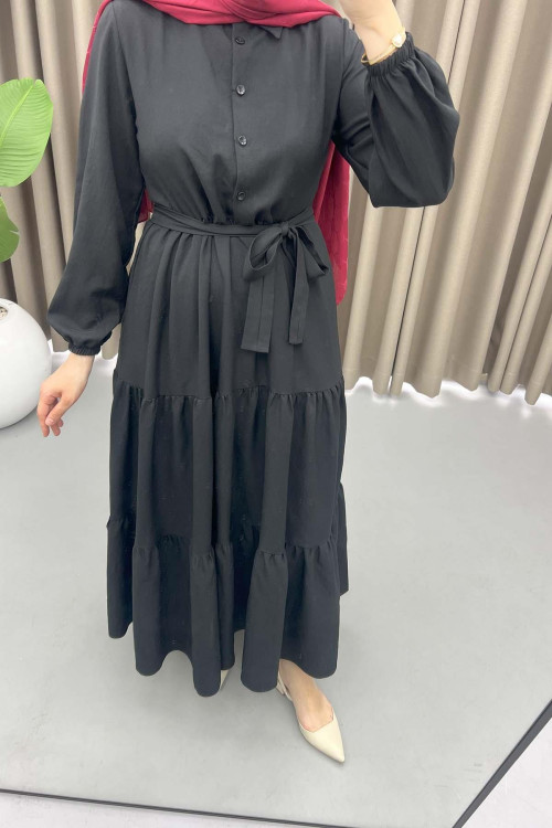 Half Buttoned Tie Dress Black