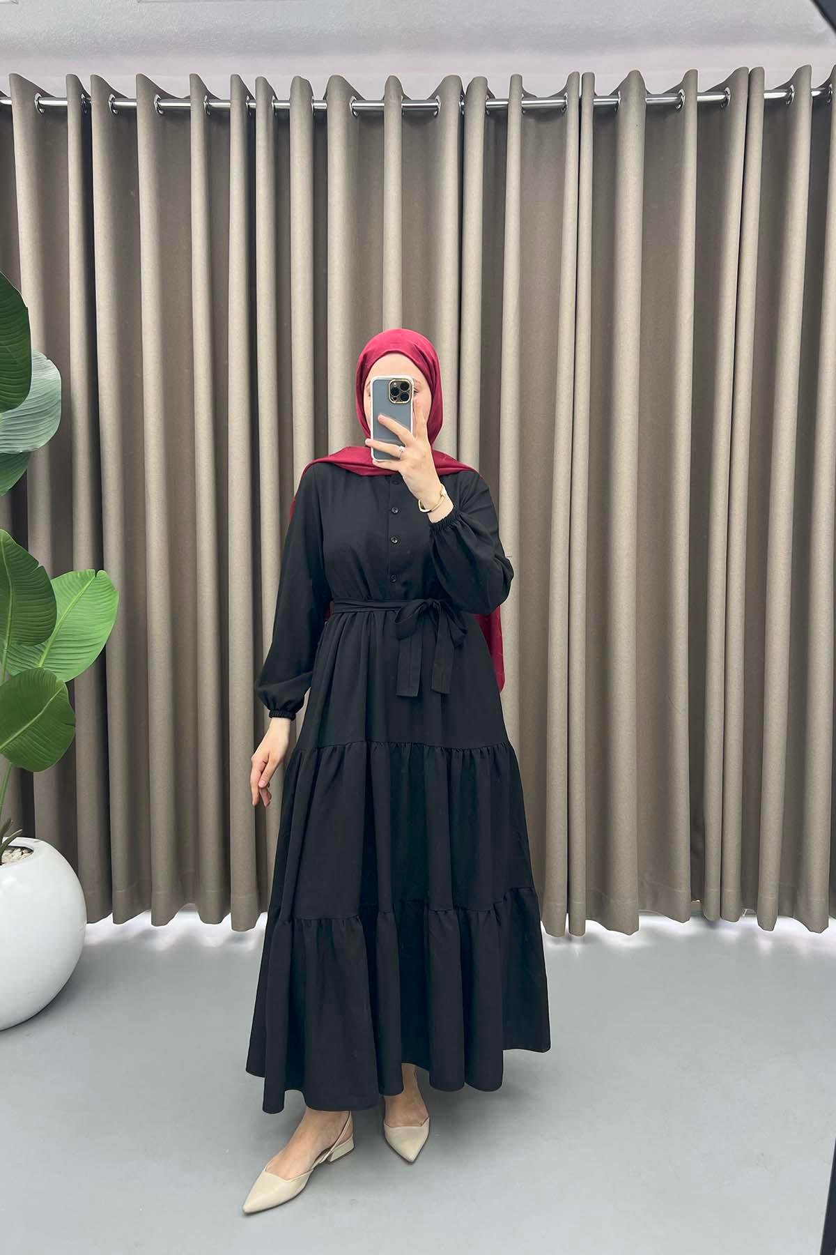 Half Buttoned Tie Dress Black