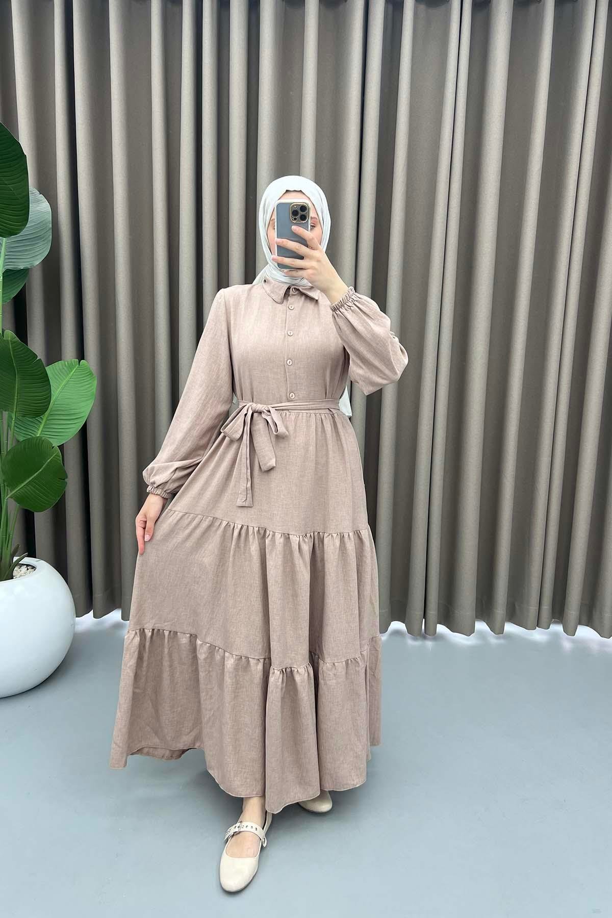 Half Buttoned Tie Dress Milky Coffee