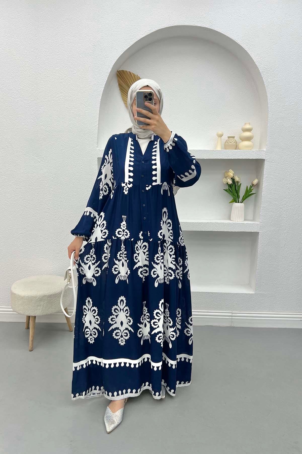 Half Button Patterned Dress Navy Blue