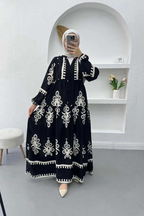 Half Button Patterned Dress Black