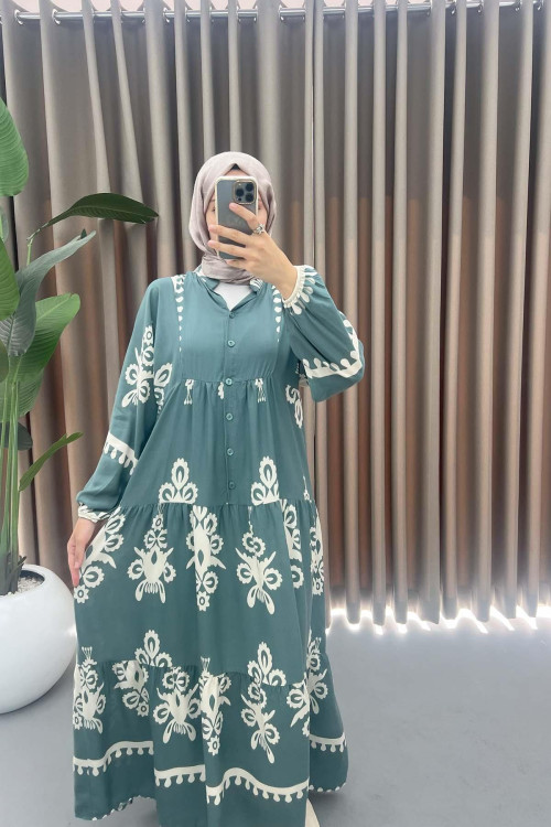 Half Button Patterned Dress Green