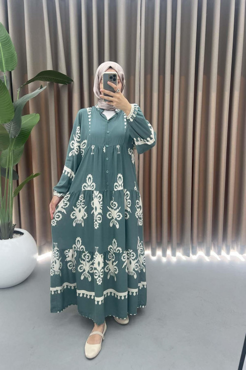 Half Button Patterned Dress Green