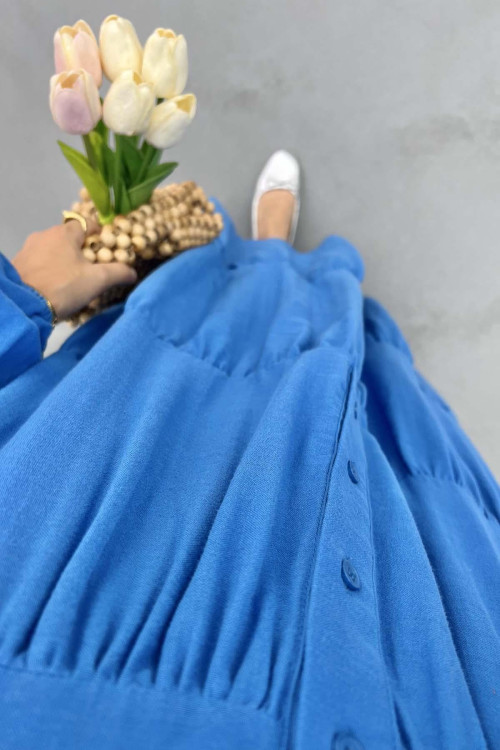 Half Buttoned Linen Dress Blue