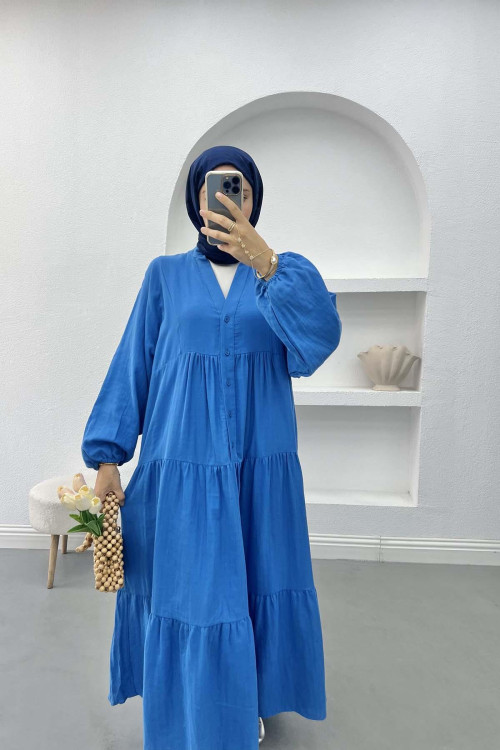 Half Buttoned Linen Dress Blue