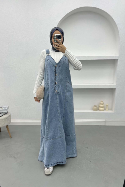 Half Button Denim Overalls Blue