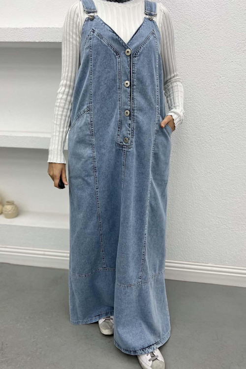 Half Button Denim Overalls Blue