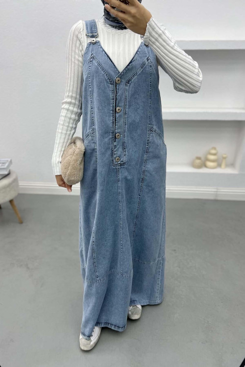 Half Button Denim Overalls Blue