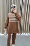 Half Zipper Striped Suit Brown