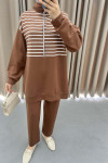 Half Zipper Striped Suit Brown