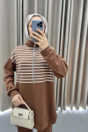 Half Zipper Striped Suit Brown