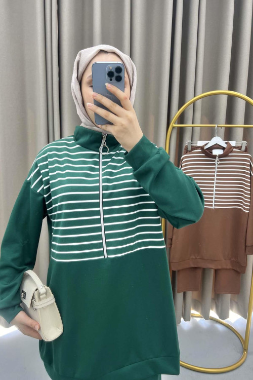 Half Zipper Striped Suit Green