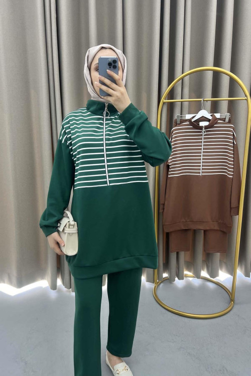 Half Zipper Striped Suit Green