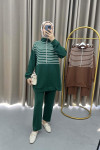 Half Zipper Striped Suit Green