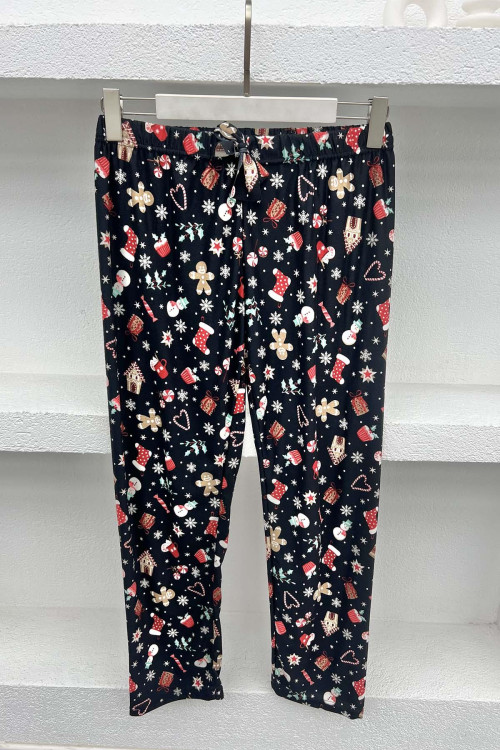 Christmas Patterned Pajama Bottoms Black