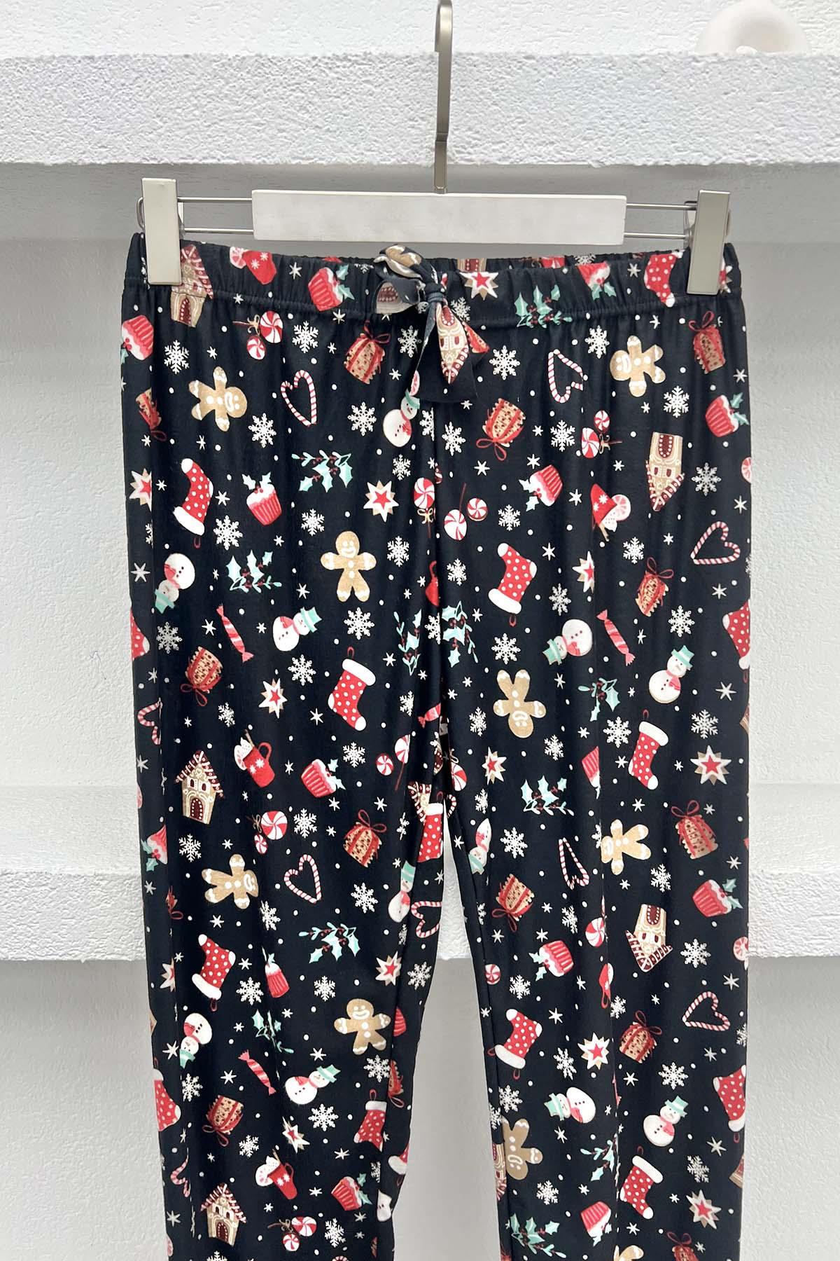 Christmas Patterned Pajama Bottoms Black