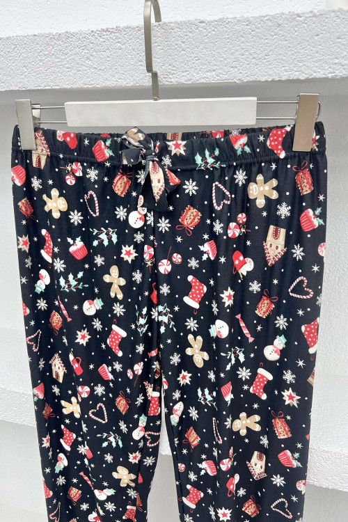 Christmas Patterned Pajama Bottoms Black