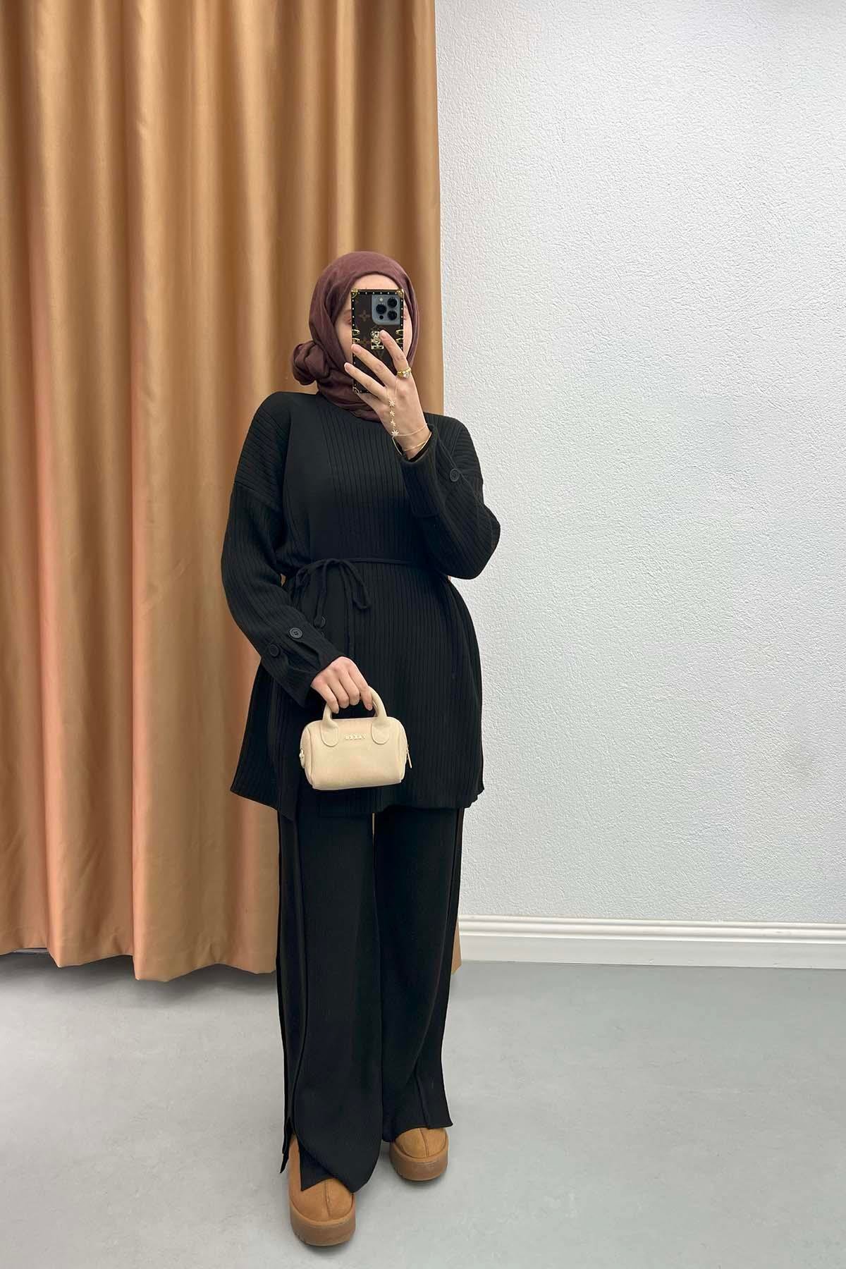 Slit Button Detailed Knitwear Suit Black