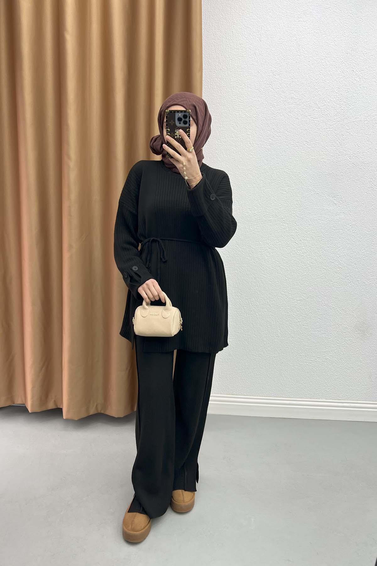 Slit Button Detailed Knitwear Suit Black